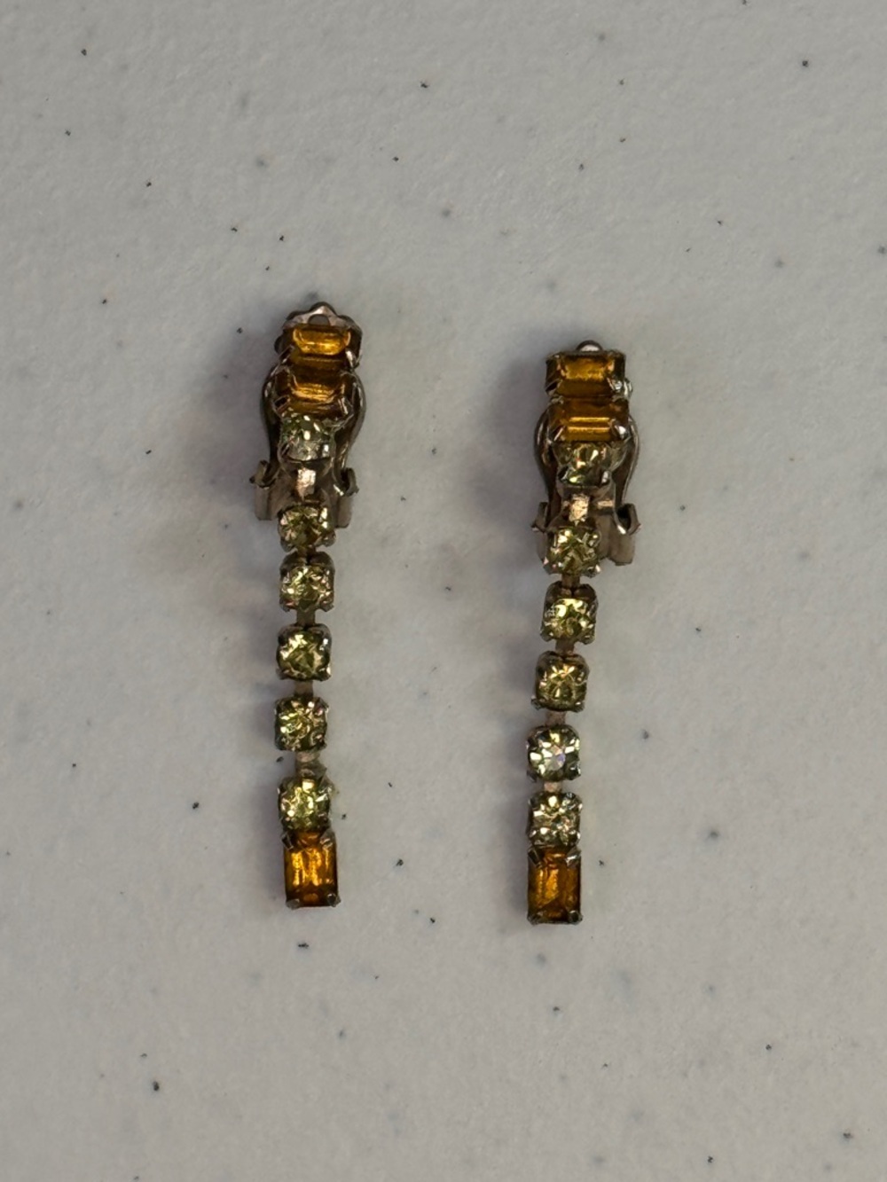 Vintage Amber & Clear crystal Rhinestone Clip-On Drop Earrings + Velvet Gift Bag - Picture 5 of 12